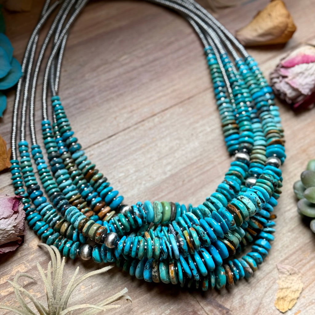 Tri-Color Turquoise Graduated Necklace with Hematite & Sterling Silver Accents – 23”