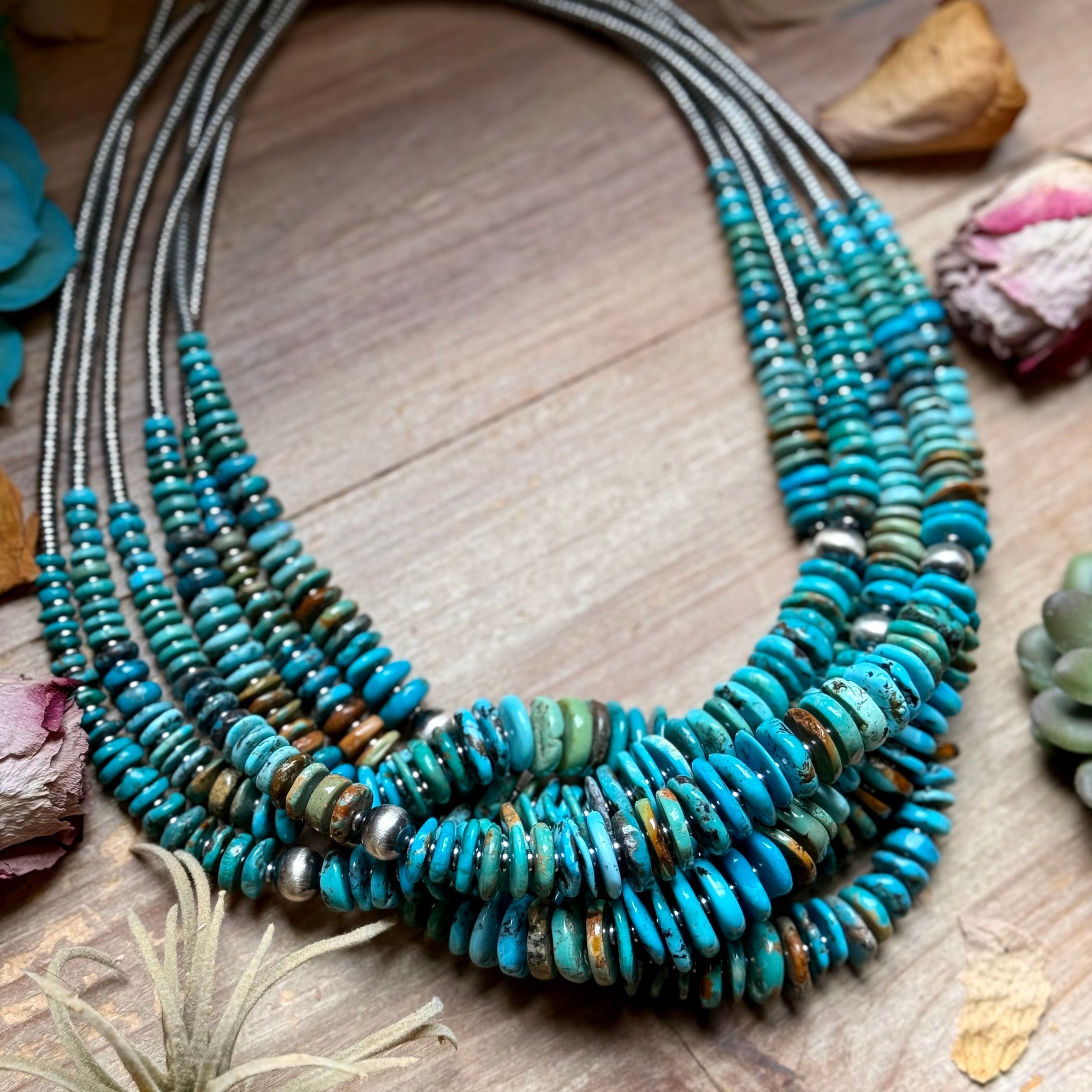 Tri-Color Turquoise Graduated Necklace with Hematite & Sterling Silver Accents – 23”