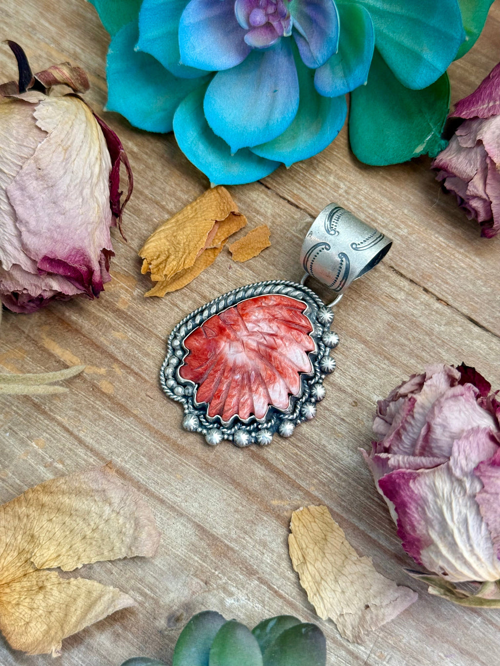 83 - Sterling Silver Red Spiny Oyster Chief Head Pendant by Shay Pfeiffer