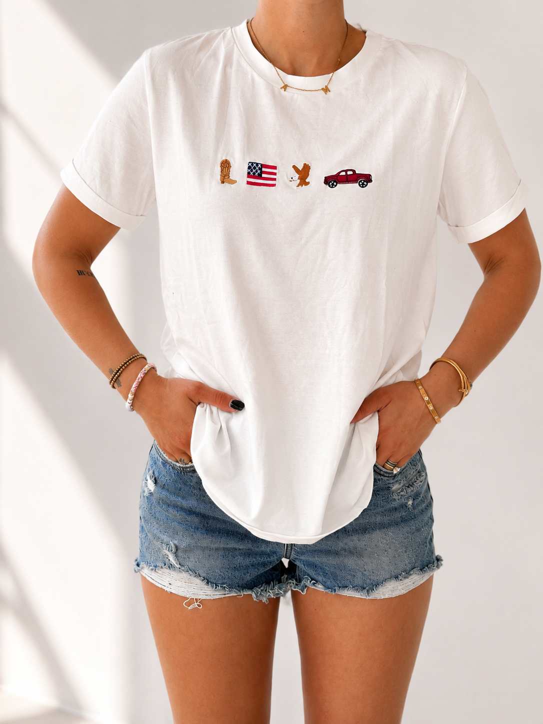 White American Icon Embroidered Casual T-Shirt