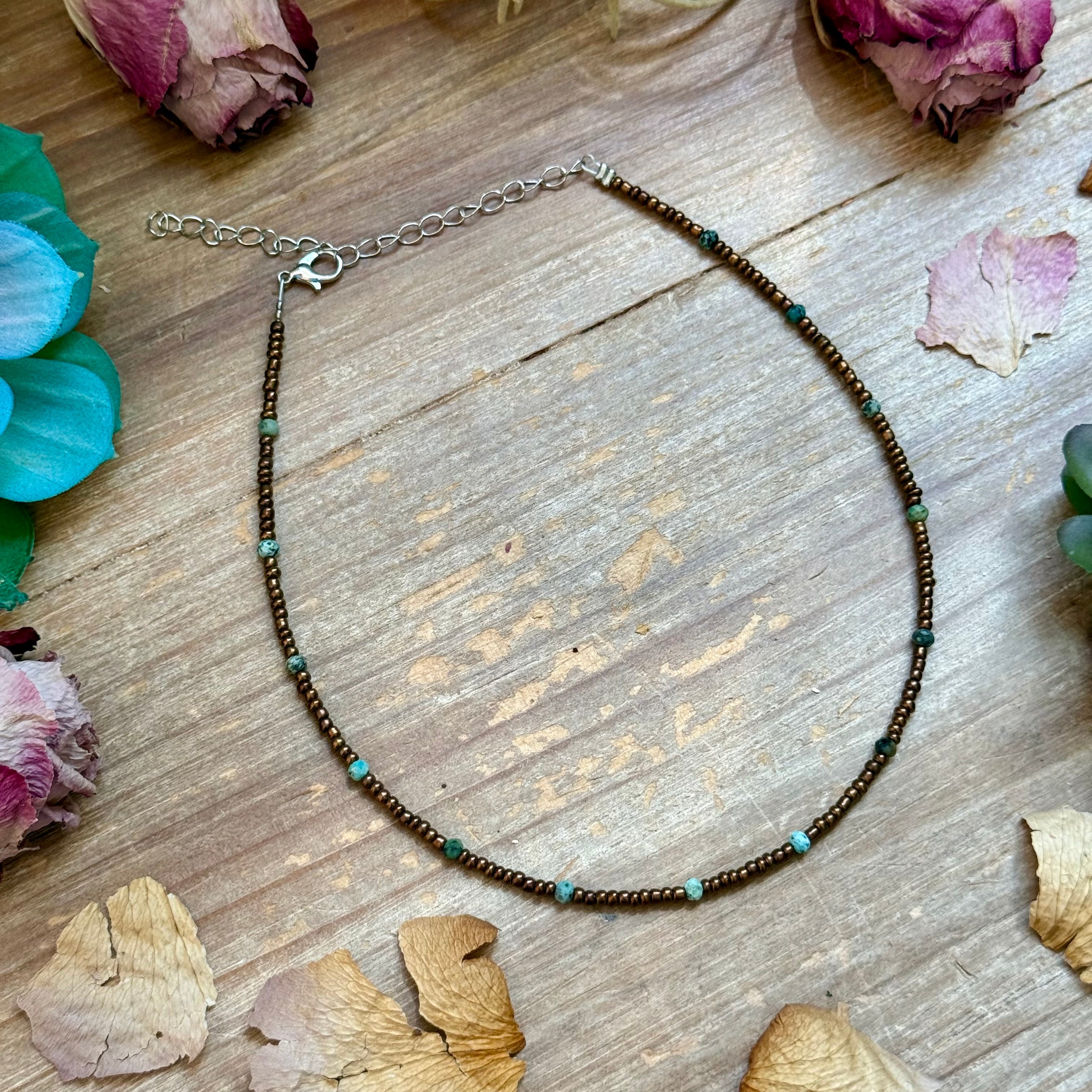 Turquoise & Copper Glass Bead Choker 14”