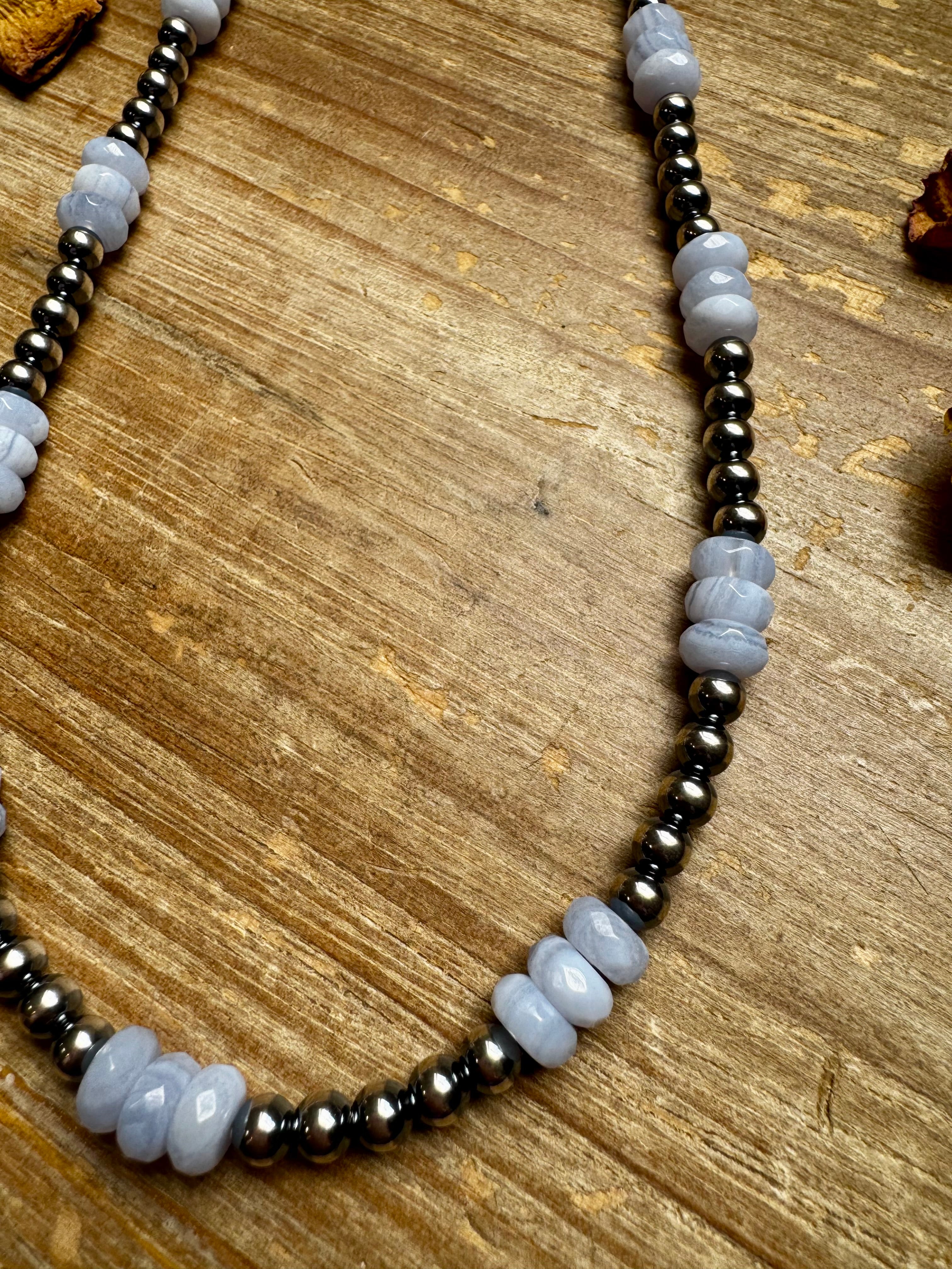 Blue Lace Agate & Sterling Silver Pearl Necklace – 20 ½” Plus Extender