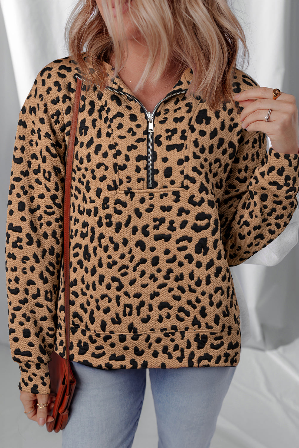 Brown Leopard Print Quarter Zip Sweatshirt