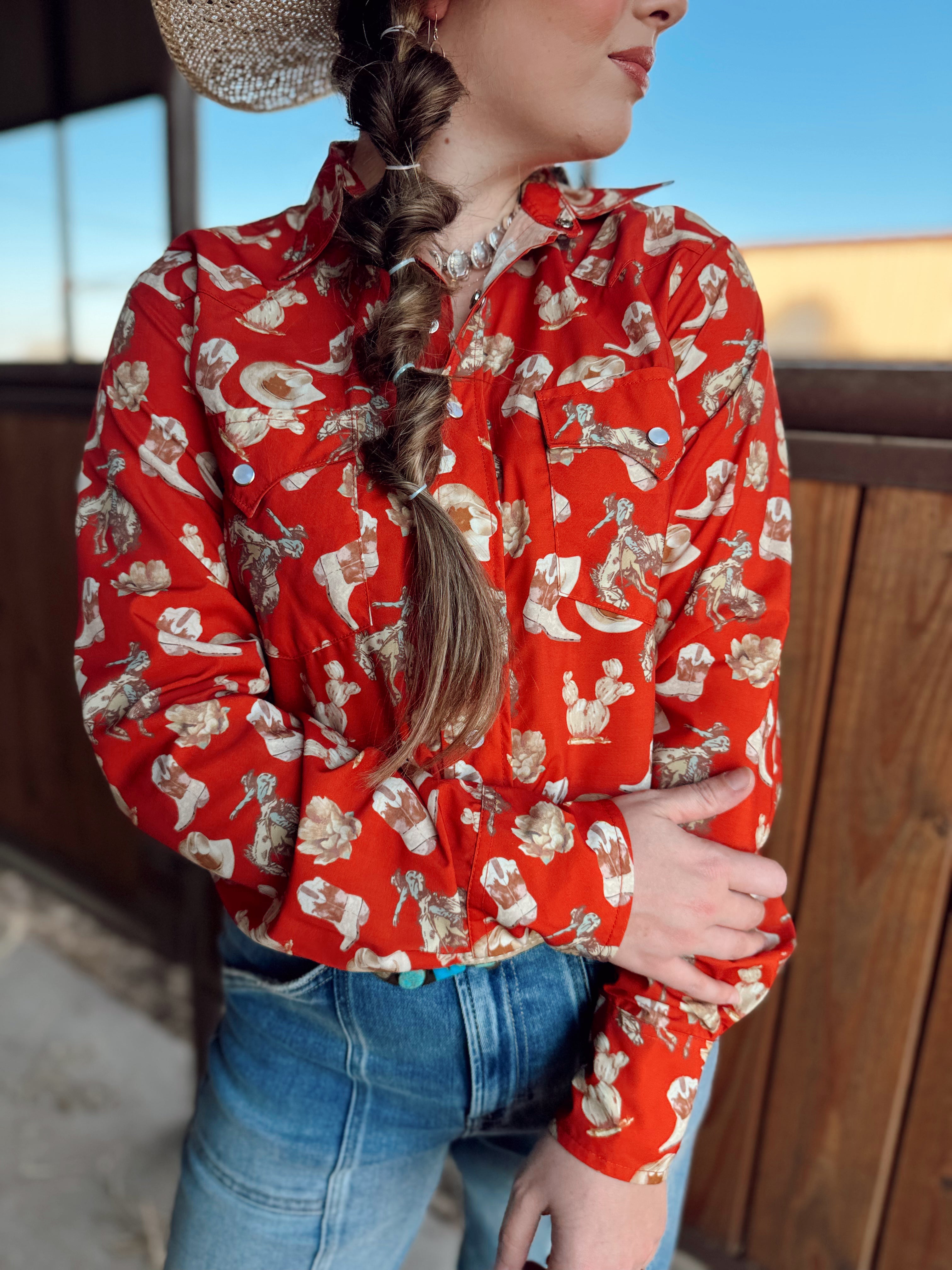The Red Cactus Pearl Snap Top