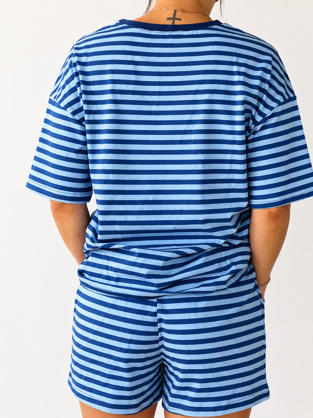 Blue Striped Ribbed Cotton Two-Piece Set w/ Chest Patch Detail