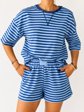 Blue Striped Ribbed Cotton Two-Piece Set w/ Chest Patch Detail