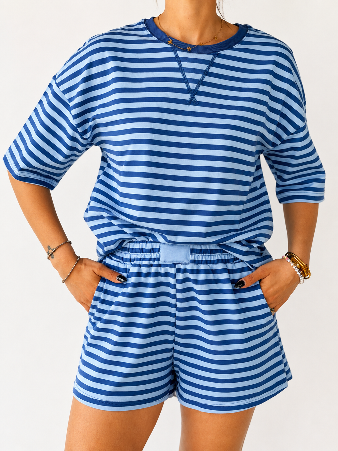 Blue Striped Ribbed Cotton Two-Piece Set w/ Chest Patch Detail