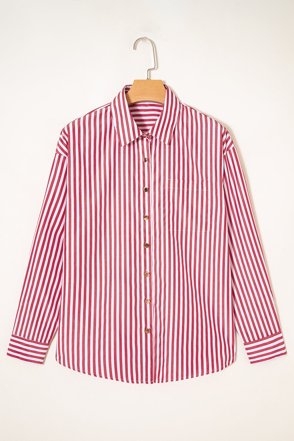 Red Stripe Patched Pocket Side Slit Loose Shirt