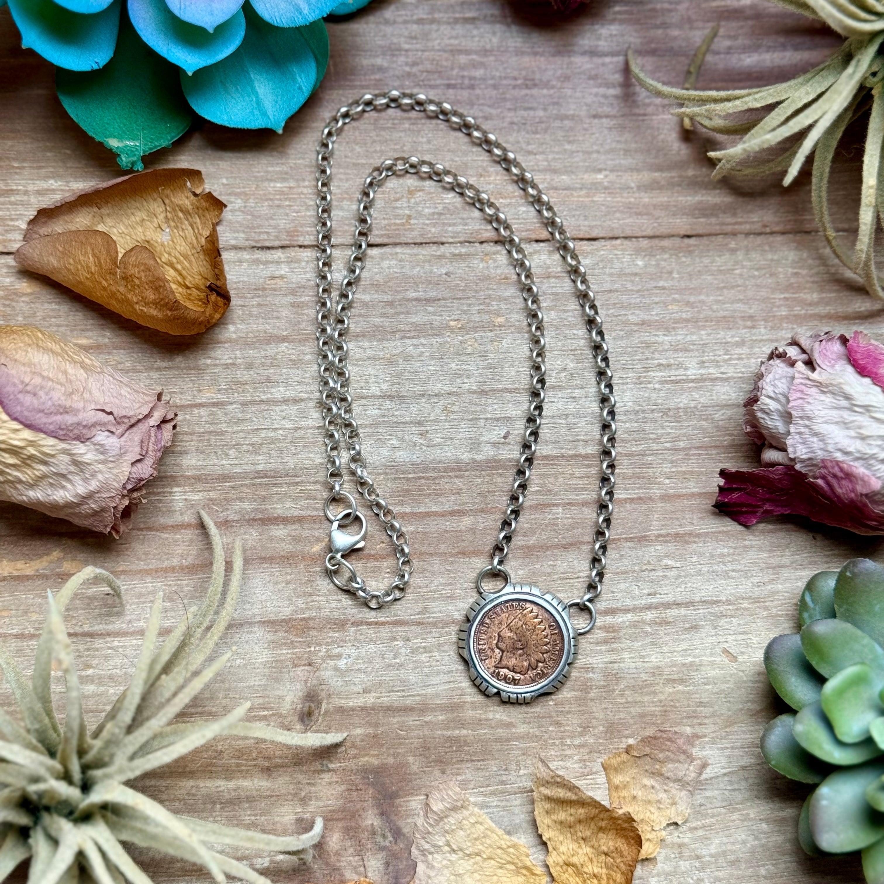 90 - Sterling Silver Indian Head Penny Framed Fixed Chain Necklace by Jason Ogg