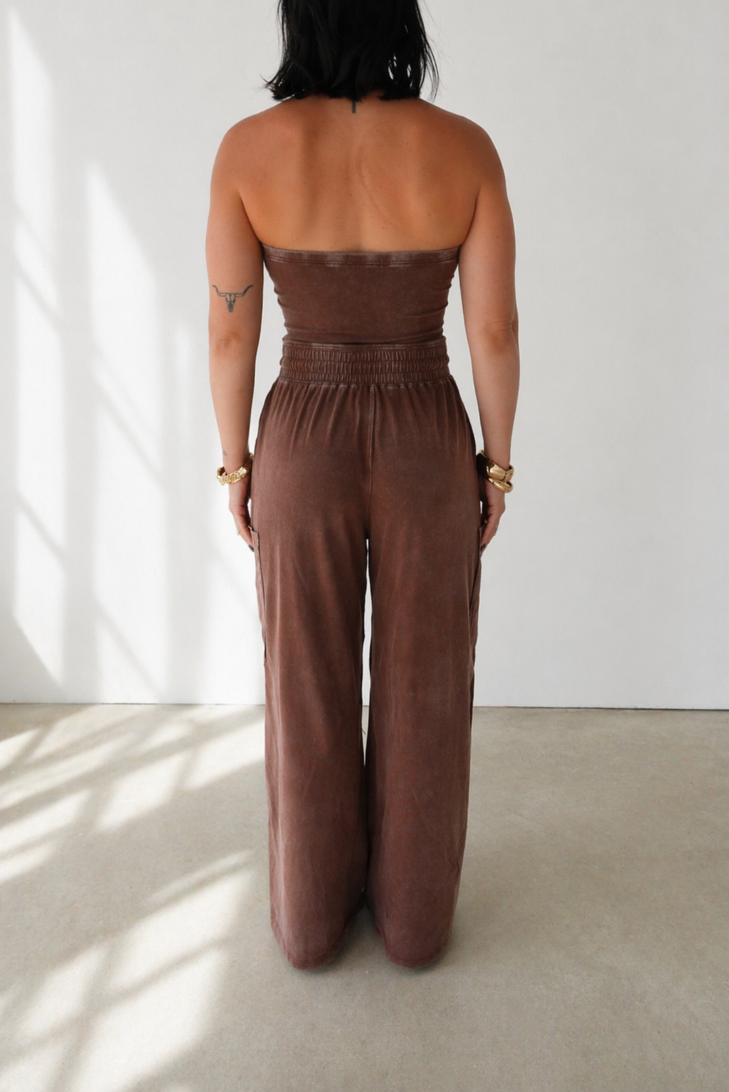 Chocolate Mineral Wash Strapless Wide - Leg Jumpsuit
