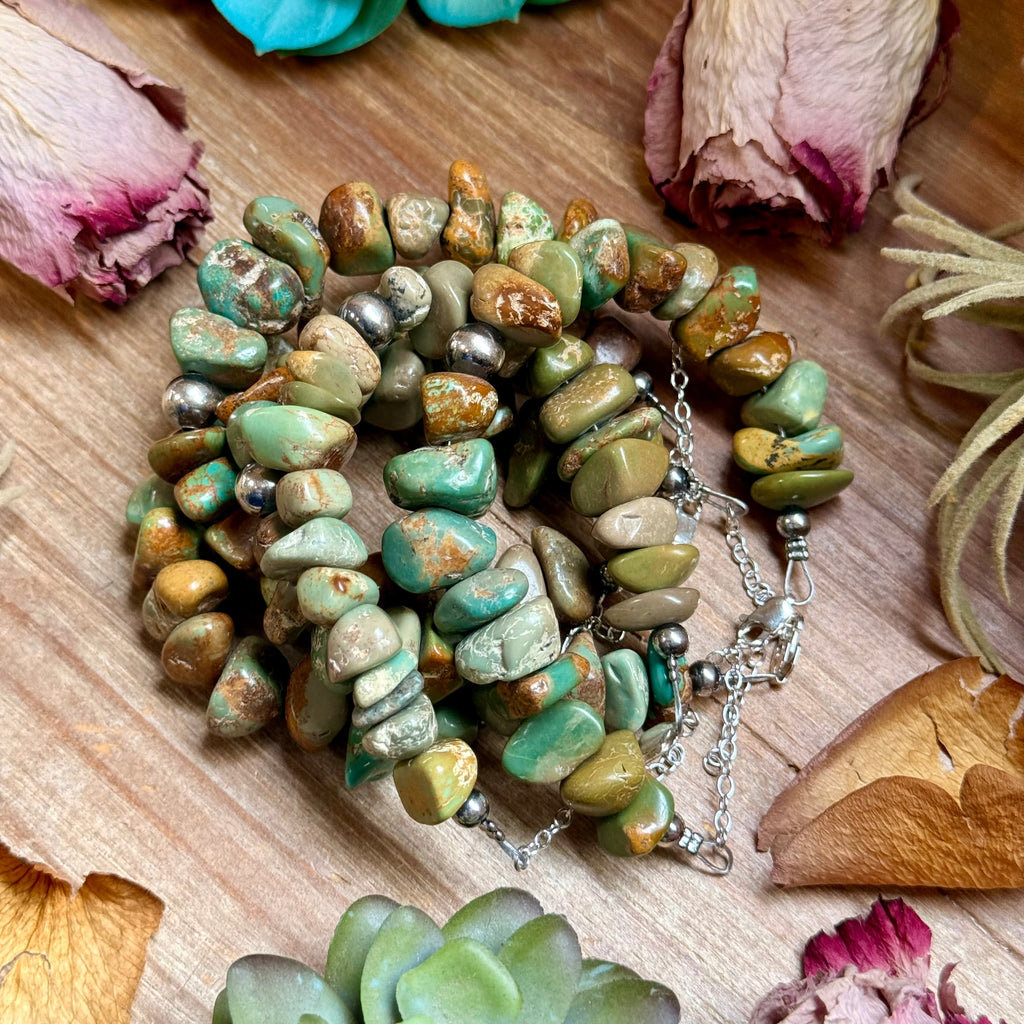 Green Turquoise Nugget Bracelet with Sterling Silver Pearls – 7” + Extender