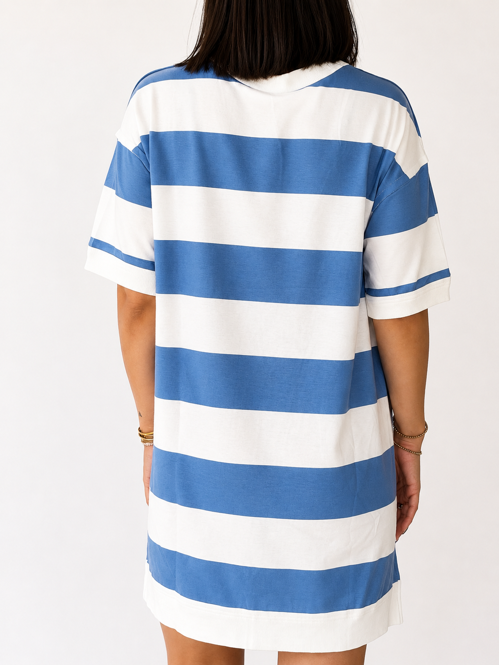 Blue Stripe Raw Seam Shoulder Detail Casual Tee Dress