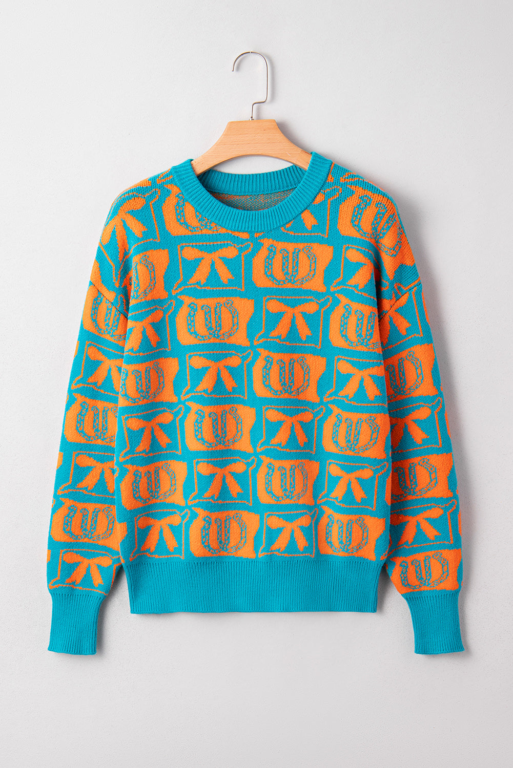 Light Blue Bows & Horseshoes Pattern Western Fashion Print Sweater