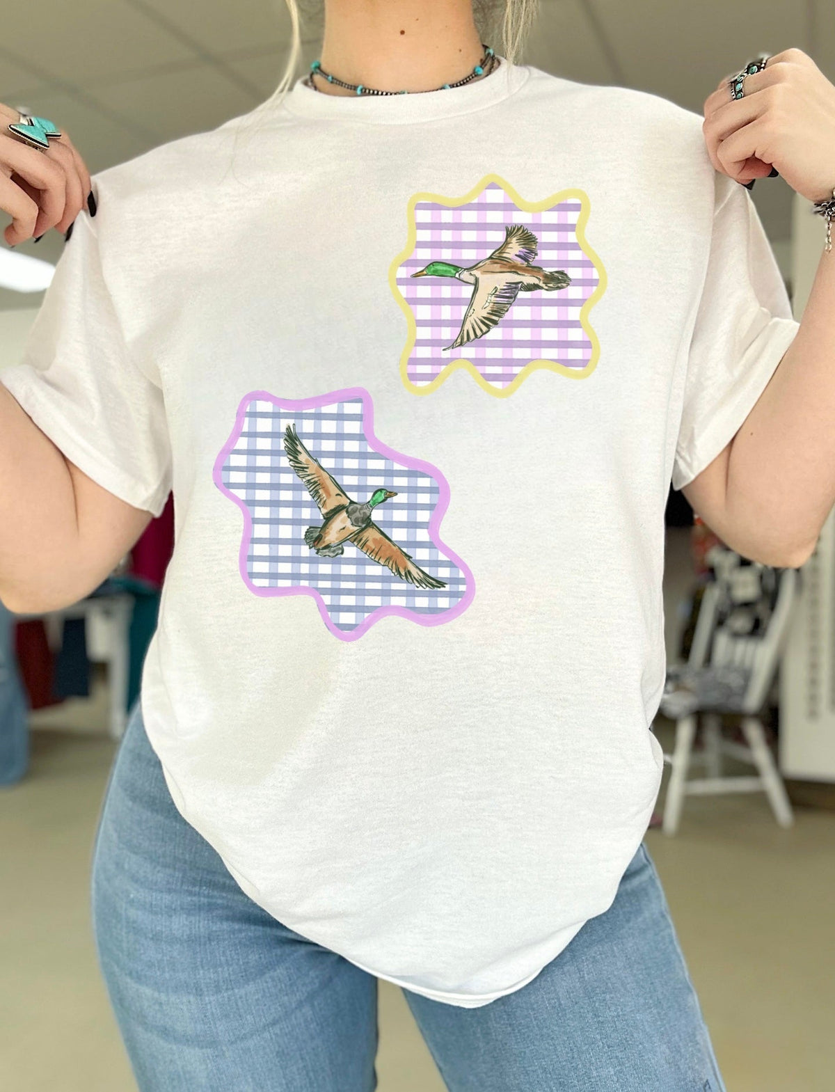 Gingham Mallards TEE or CREWNECK