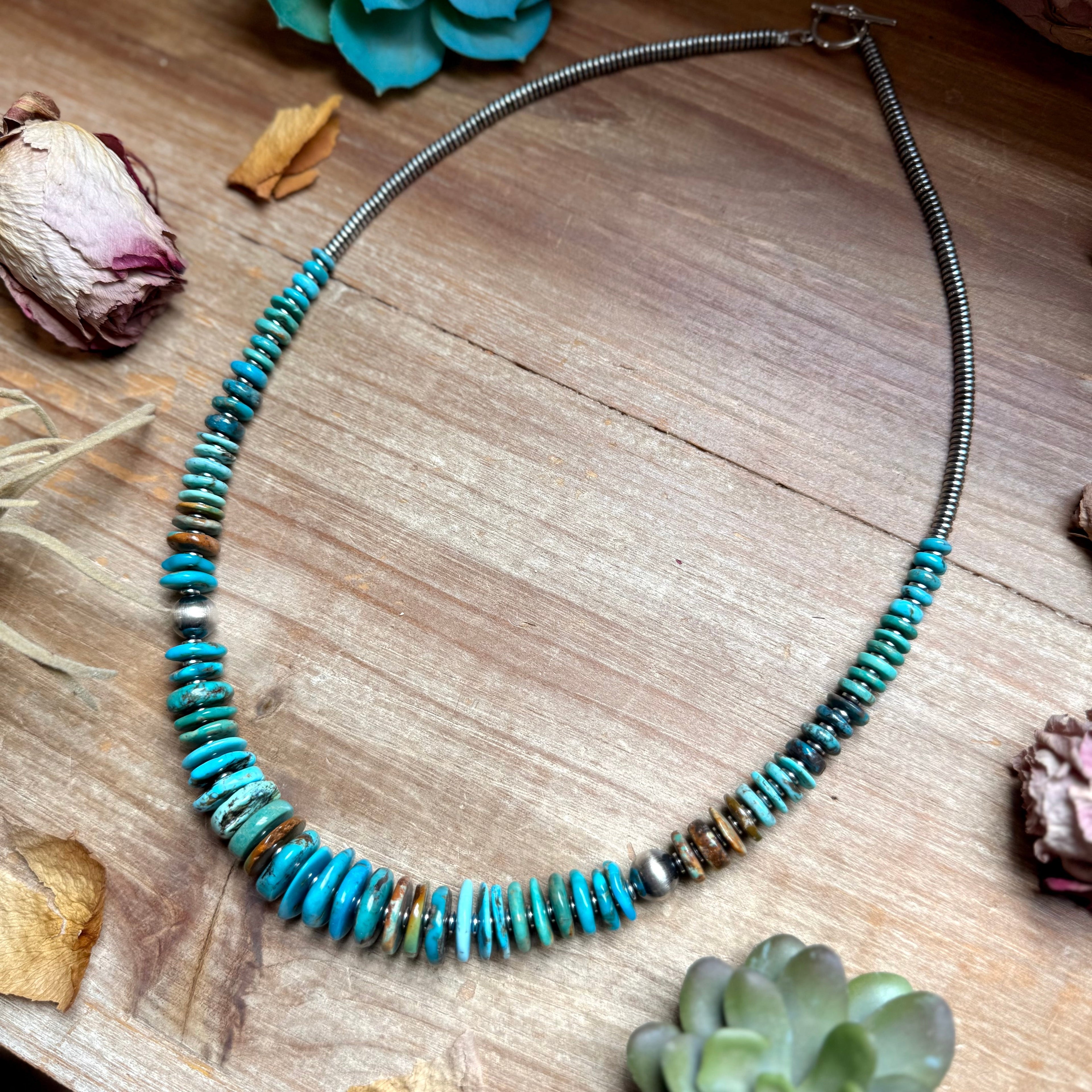 Tri-Color Turquoise Graduated Necklace with Hematite & Sterling Silver Accents – 23”