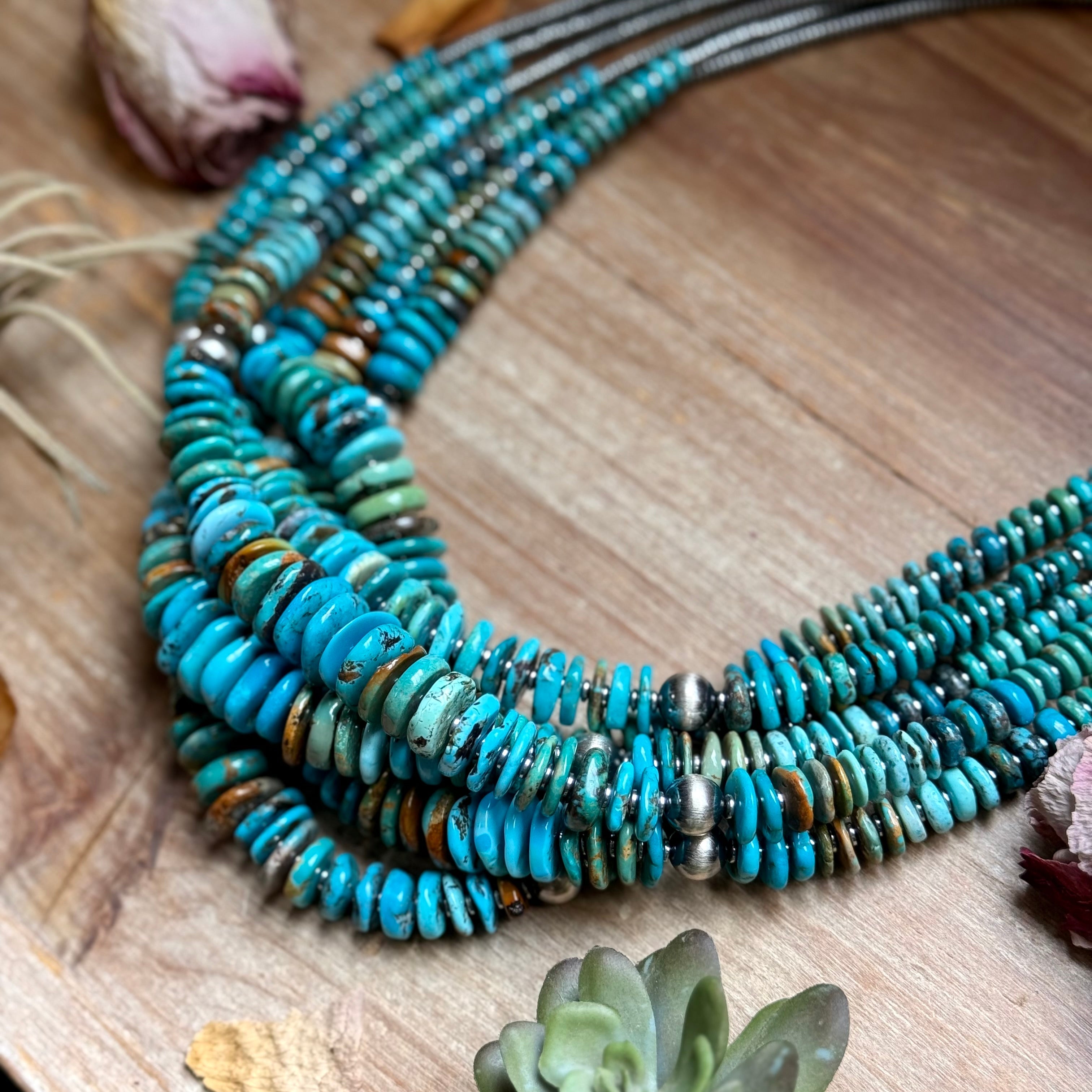 Tri-Color Turquoise Graduated Necklace with Hematite & Sterling Silver Accents – 23”