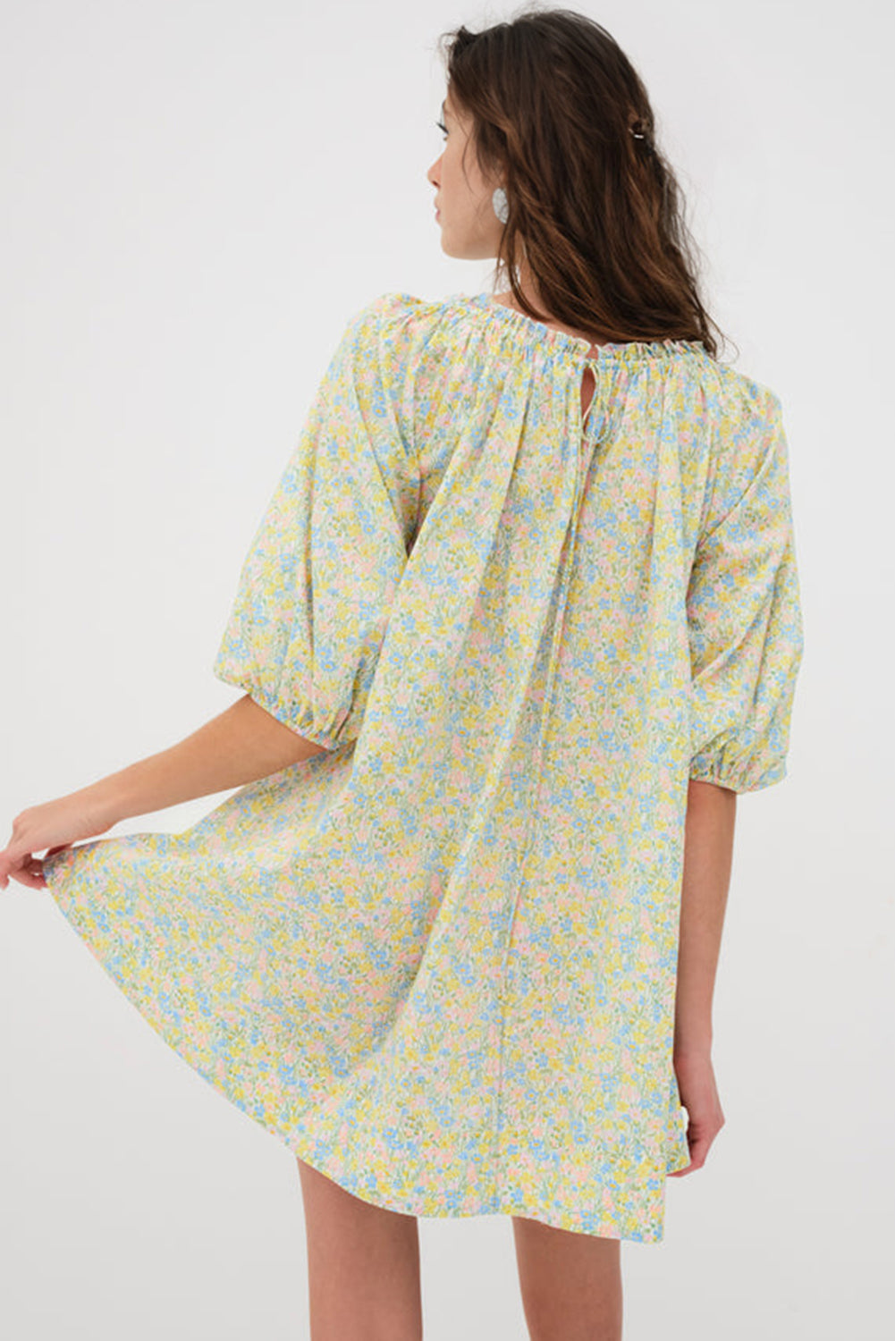 Green Floral Half Sleeve Frilled U Neck A-line Short Dress