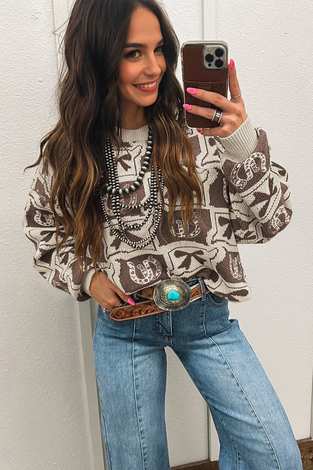 Brown Bows & Horseshoes Pattern Western Fashion Print Sweater