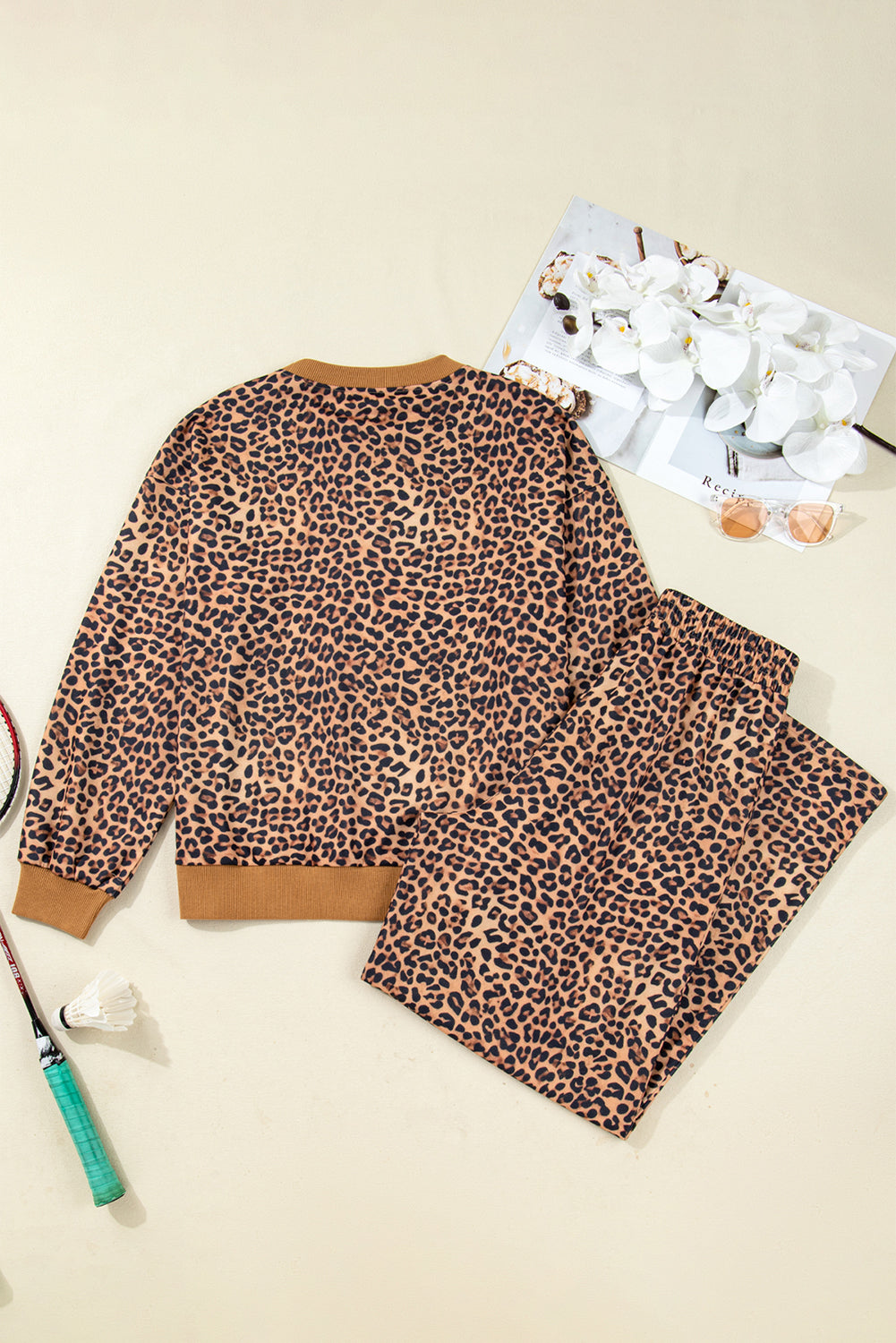Khaki Leopard Pullover and Pants 2pcs Outfit with Bow Embroidery
