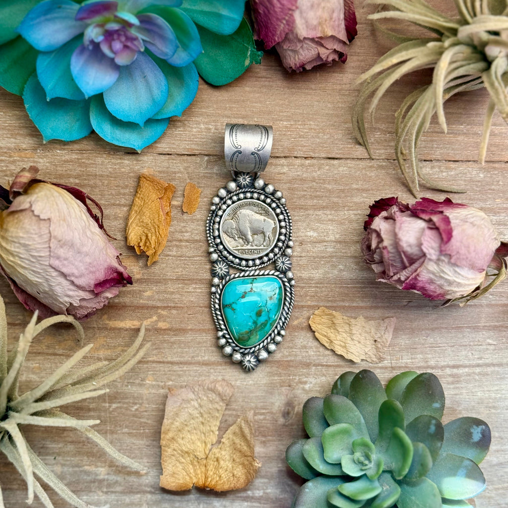 70 - Sterling Silver Pilot Mountain Turquoise & Buffalo Nickel Pendant by Shay Pfeiffer