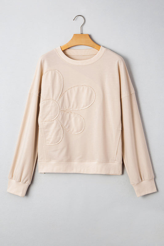Beige Raw Edge Flower Patch Drop Shoulder Casual Top