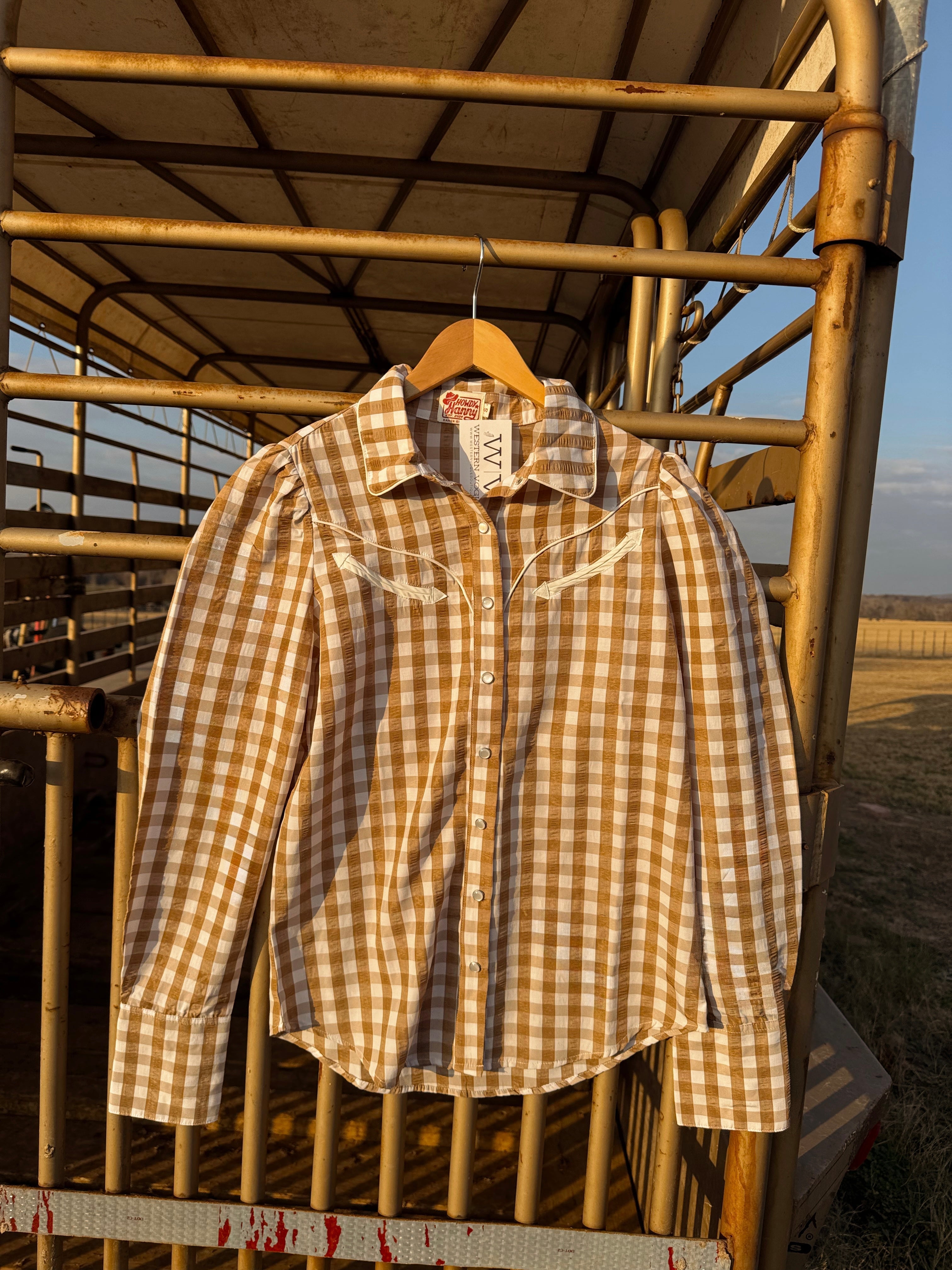 The Tan Gingham Pearl Snap Top- Extra Large