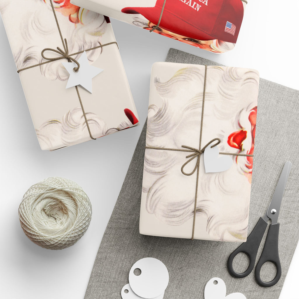 Retro MAGA Trump Santa Wrapping Paper Roll — Cream Background Holiday Gift Wrap with ‘Merry Everything’ Red Hat Design