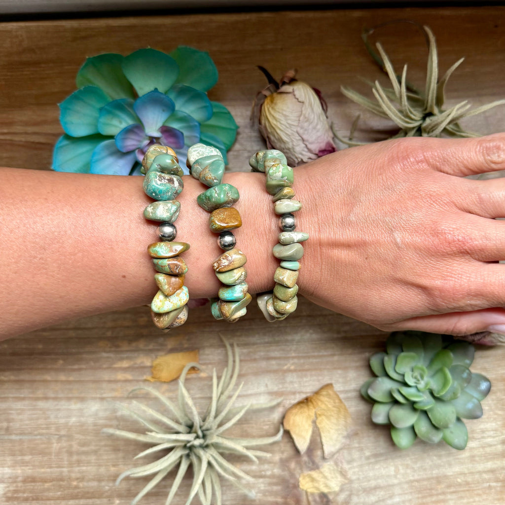 Green Turquoise Nugget Bracelet with Sterling Silver Pearls – 7” + Extender