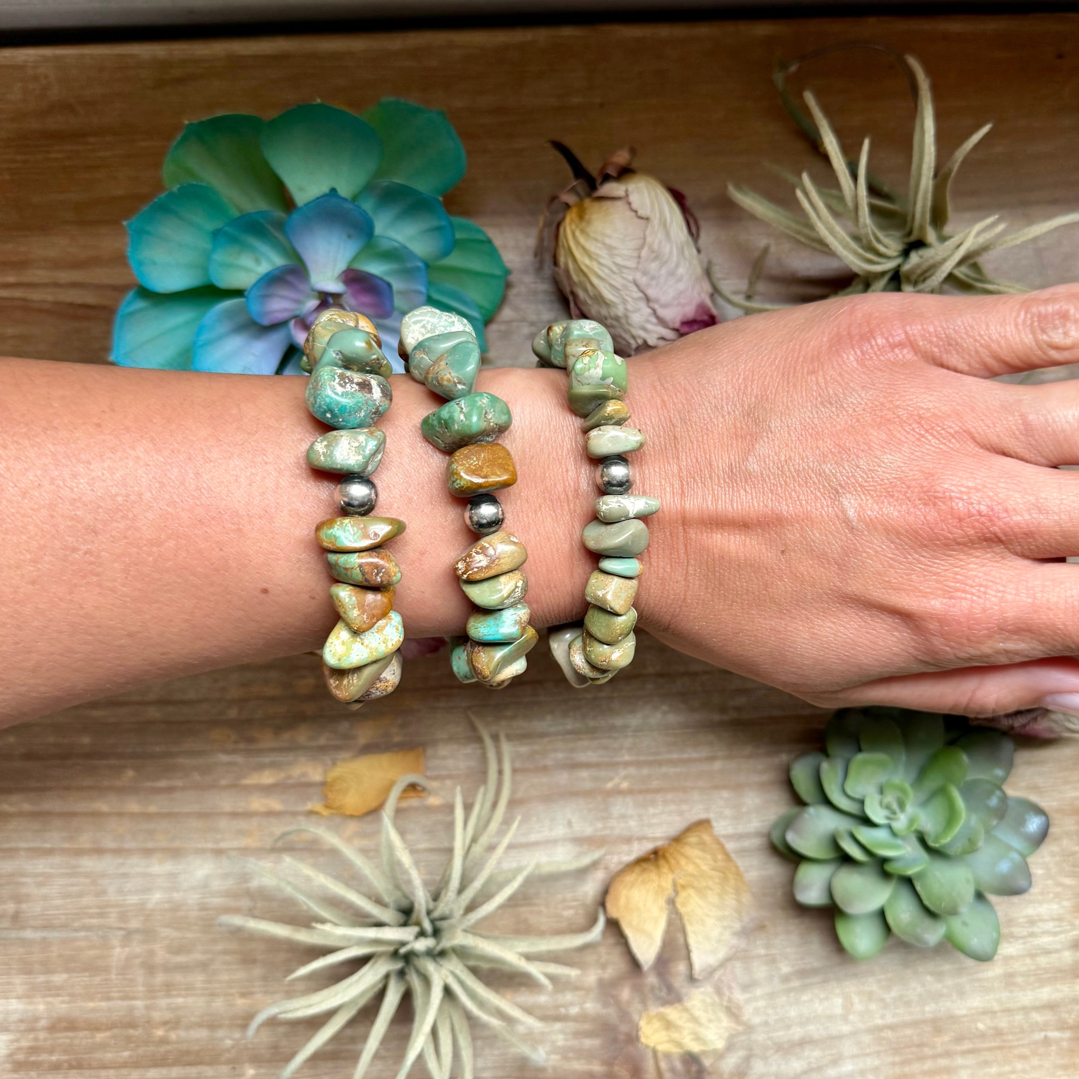 Green Turquoise Nugget Bracelet with Sterling Silver Pearls – 7” + Extender