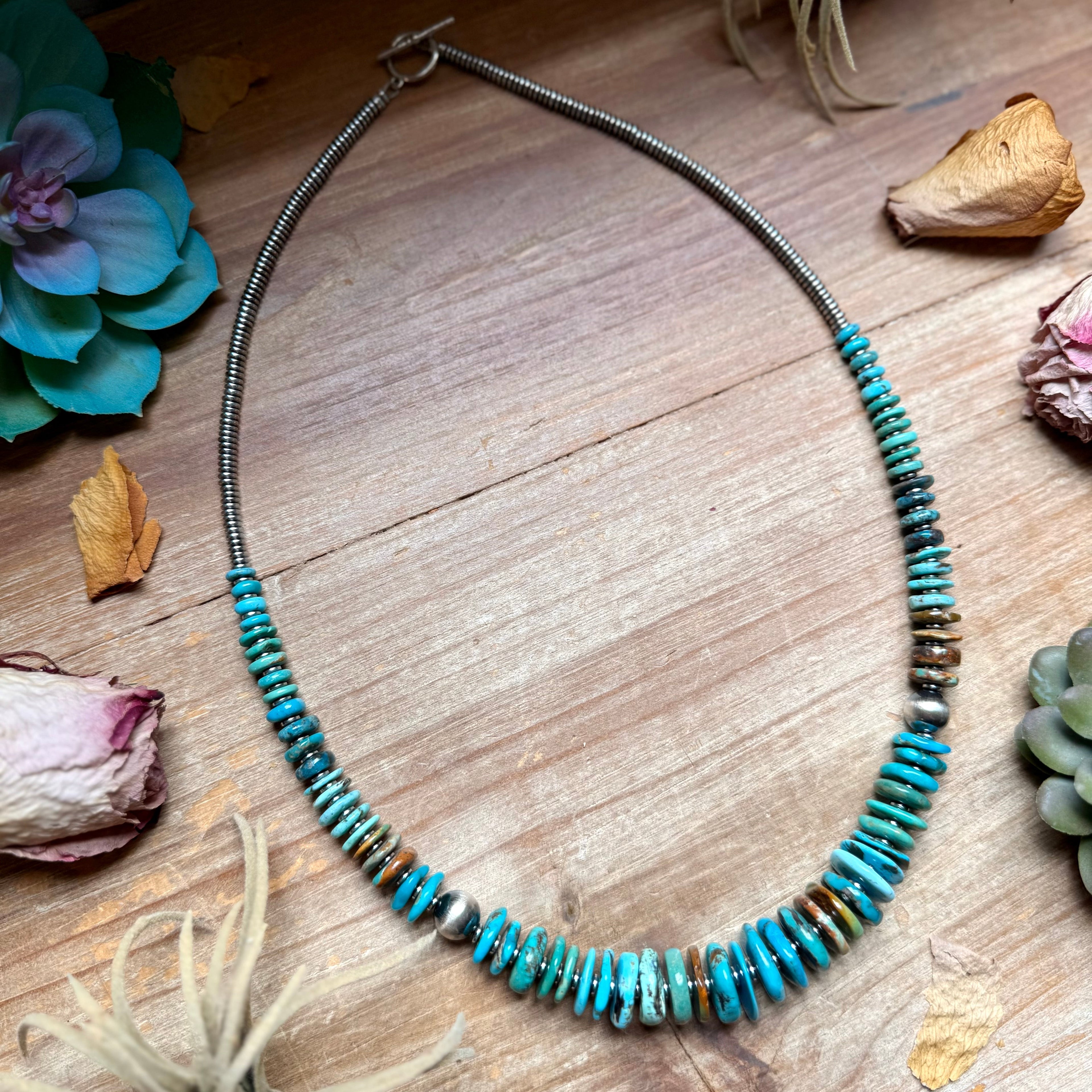 Tri-Color Turquoise Graduated Necklace with Hematite & Sterling Silver Accents – 23”