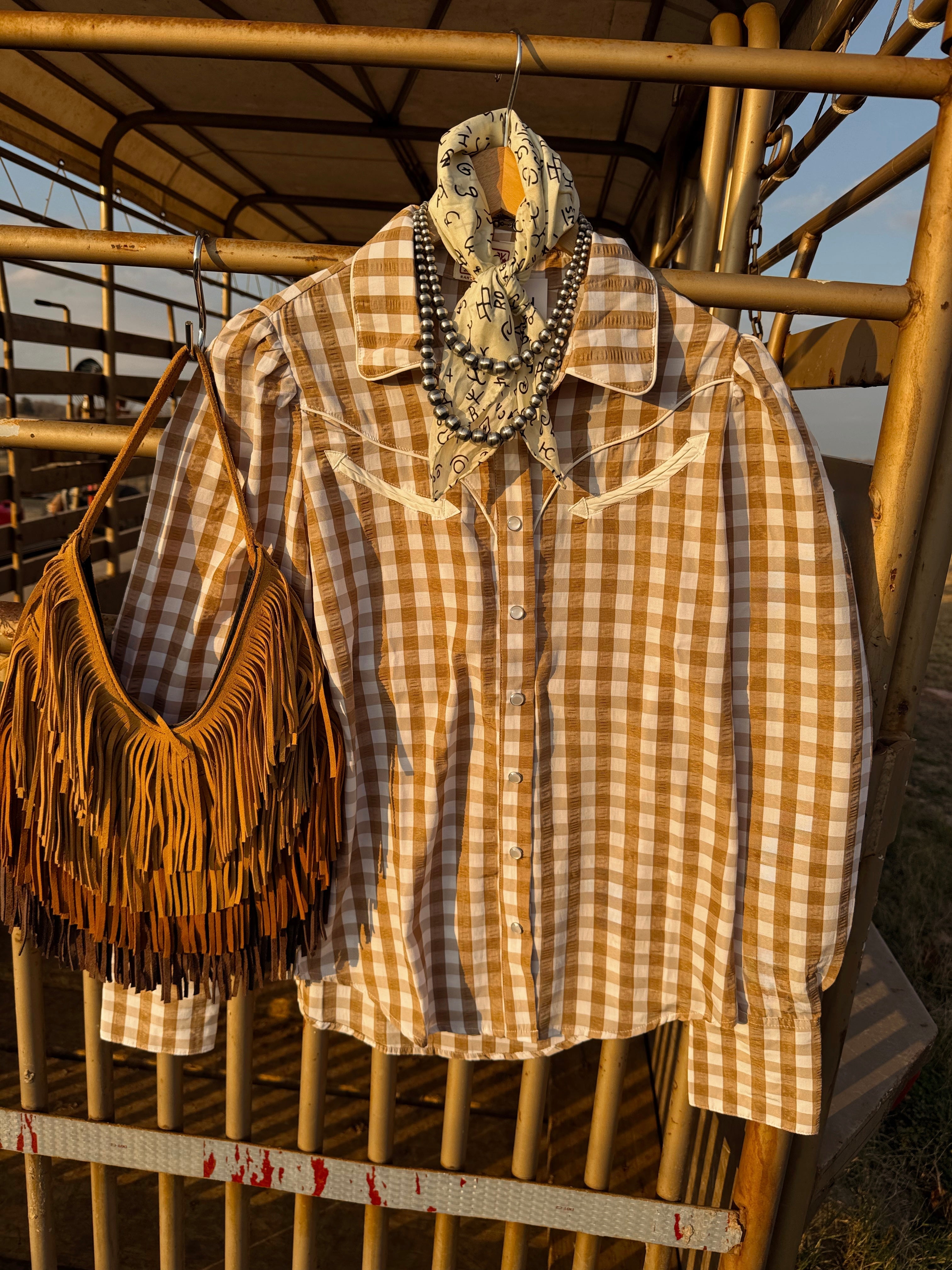 The Tan Gingham Pearl Snap Top- Extra Large