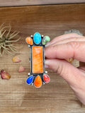 Long Ring- Size 5 - mix stone turquoise, spiny and sterling silver