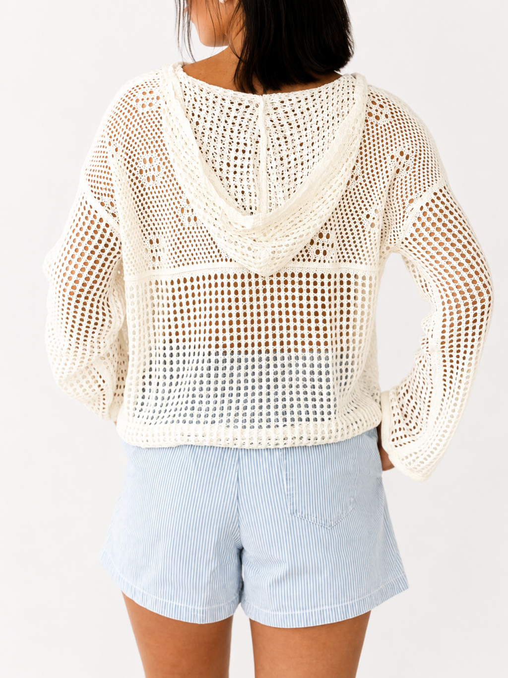 White Crochet Knit American Flag Patched Sweater Hoodie