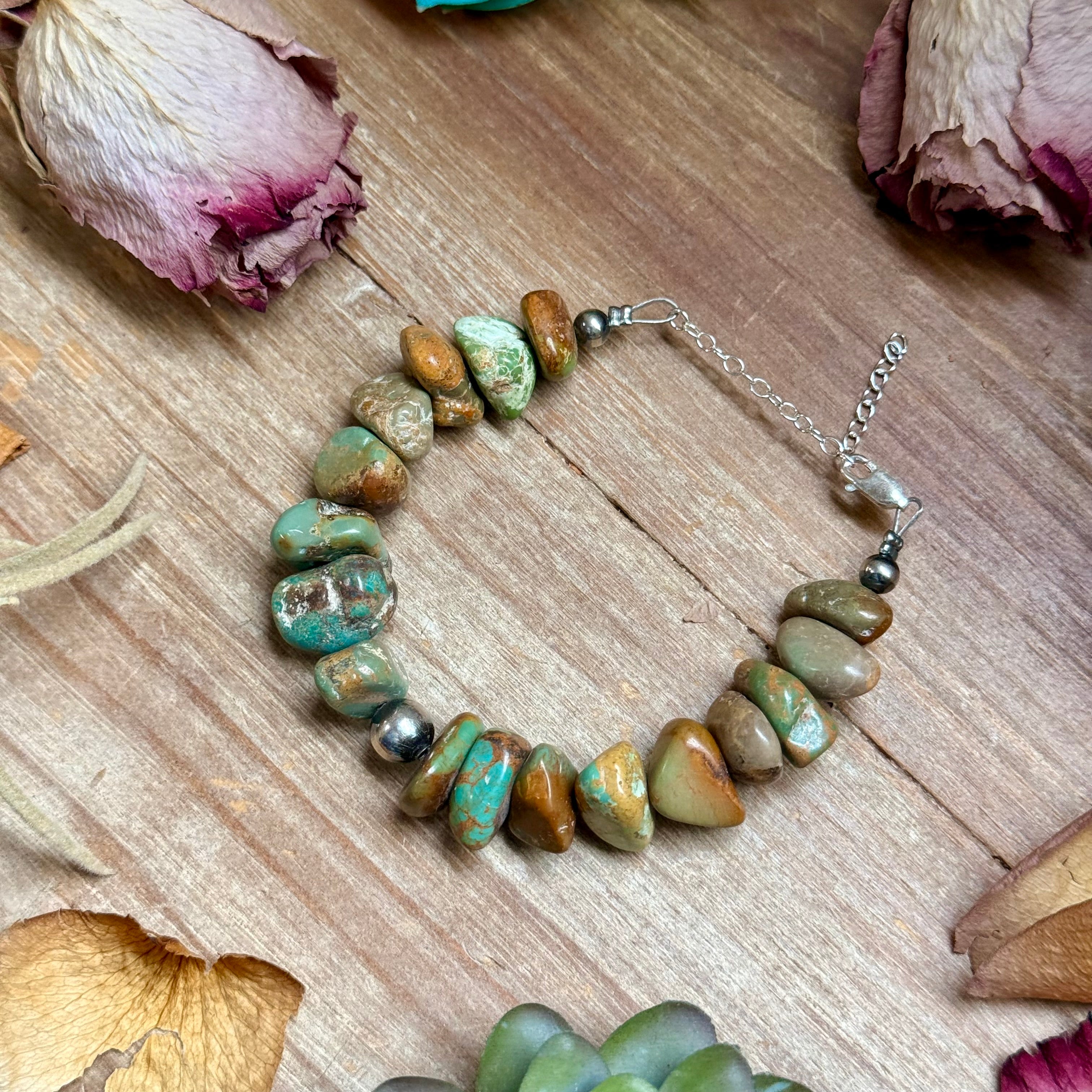 Green Turquoise Nugget Bracelet with Sterling Silver Pearls – 7” + Extender
