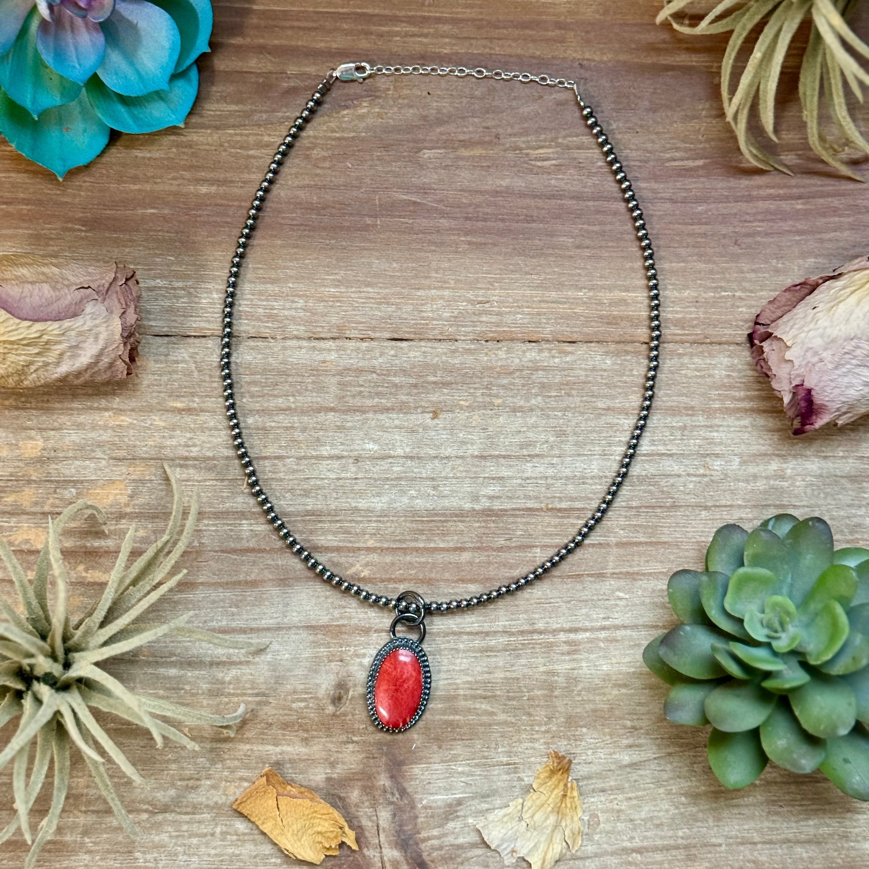 FREE Sterling Silver Pearl Necklace + MJ Oval Red Spiny Oyster Pendant