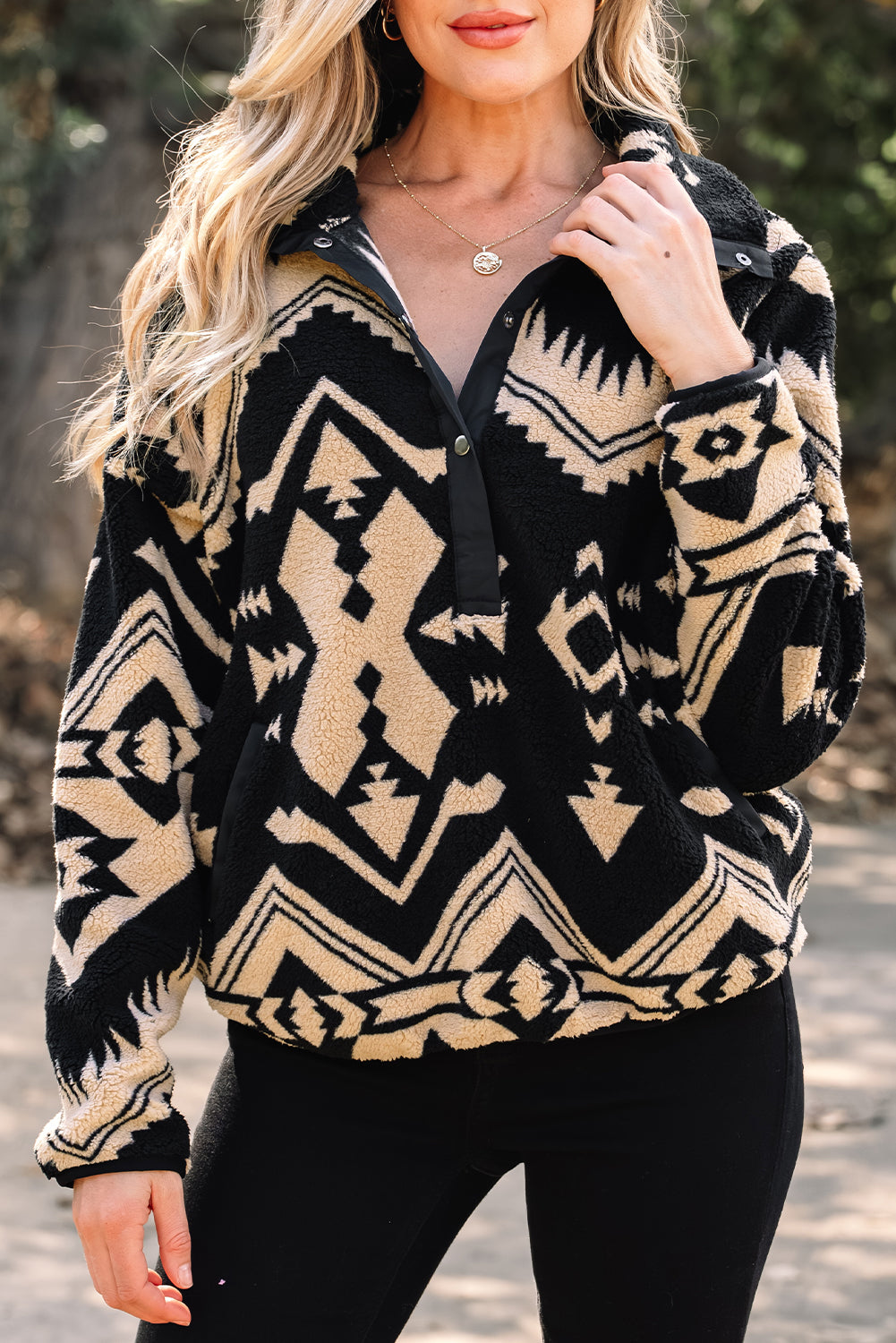 Black Western Aztec Half Zip Plush Sweatshirt