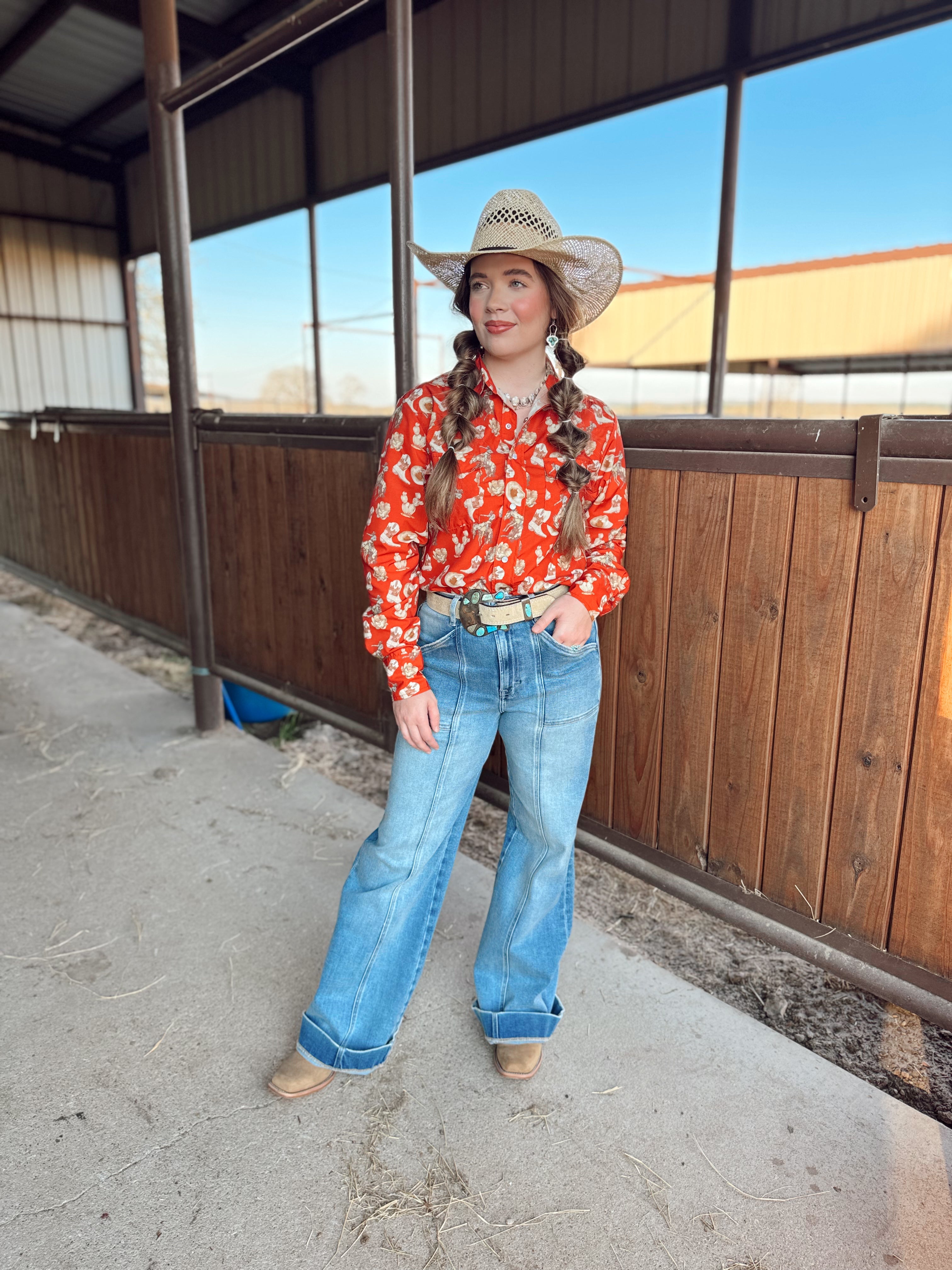 The Red Cactus Pearl Snap Top