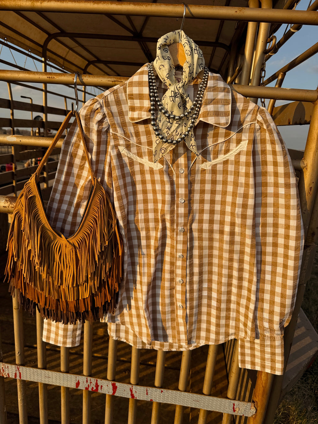 The Tan Gingham Pearl Snap Top- Extra Large