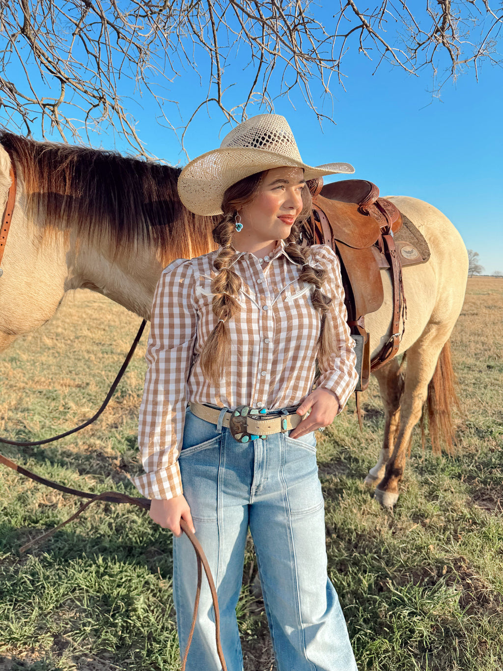 The Tan Gingham Pearl Snap Top- Extra Large