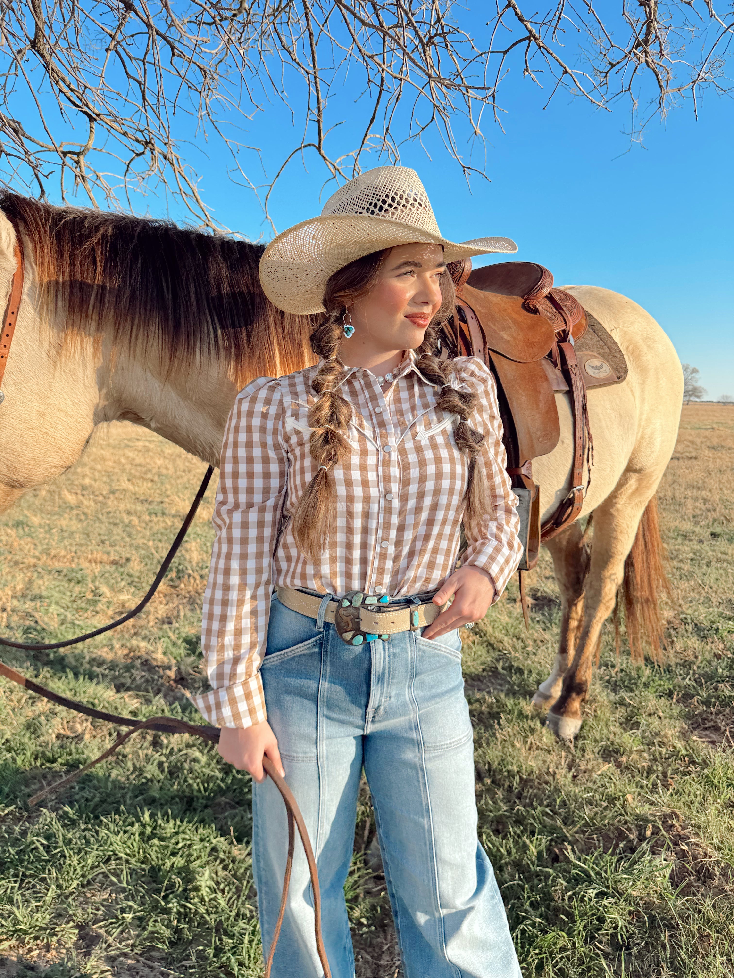 The Tan Gingham Pearl Snap Top- Extra Large