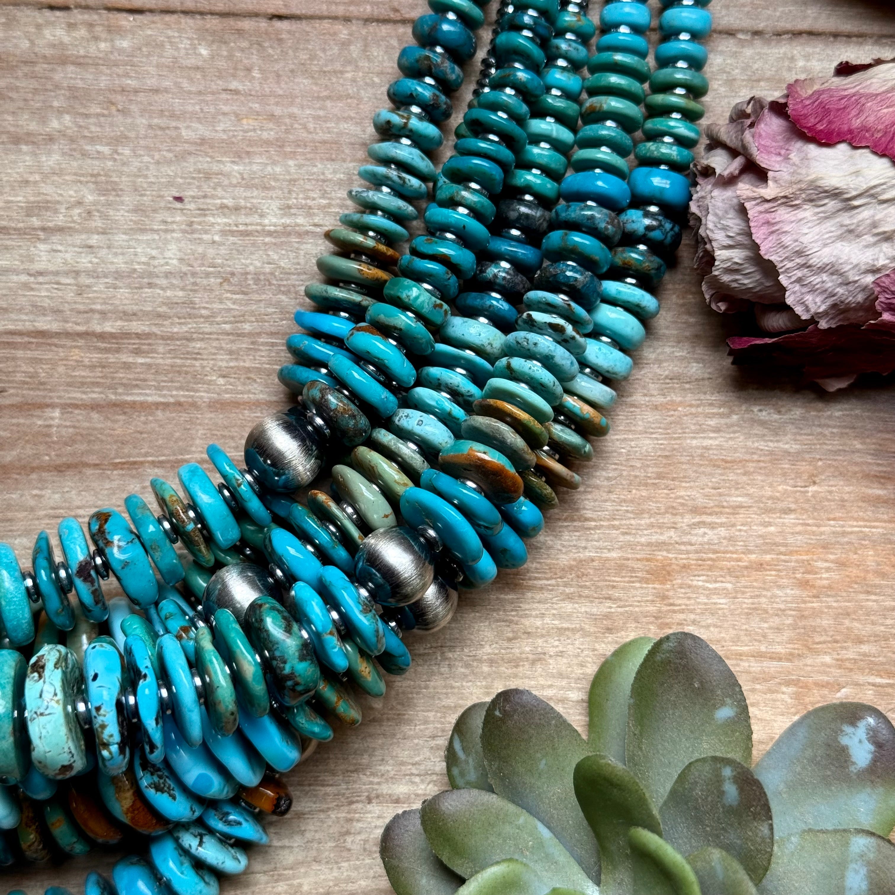 Tri-Color Turquoise Graduated Necklace with Hematite & Sterling Silver Accents – 23”