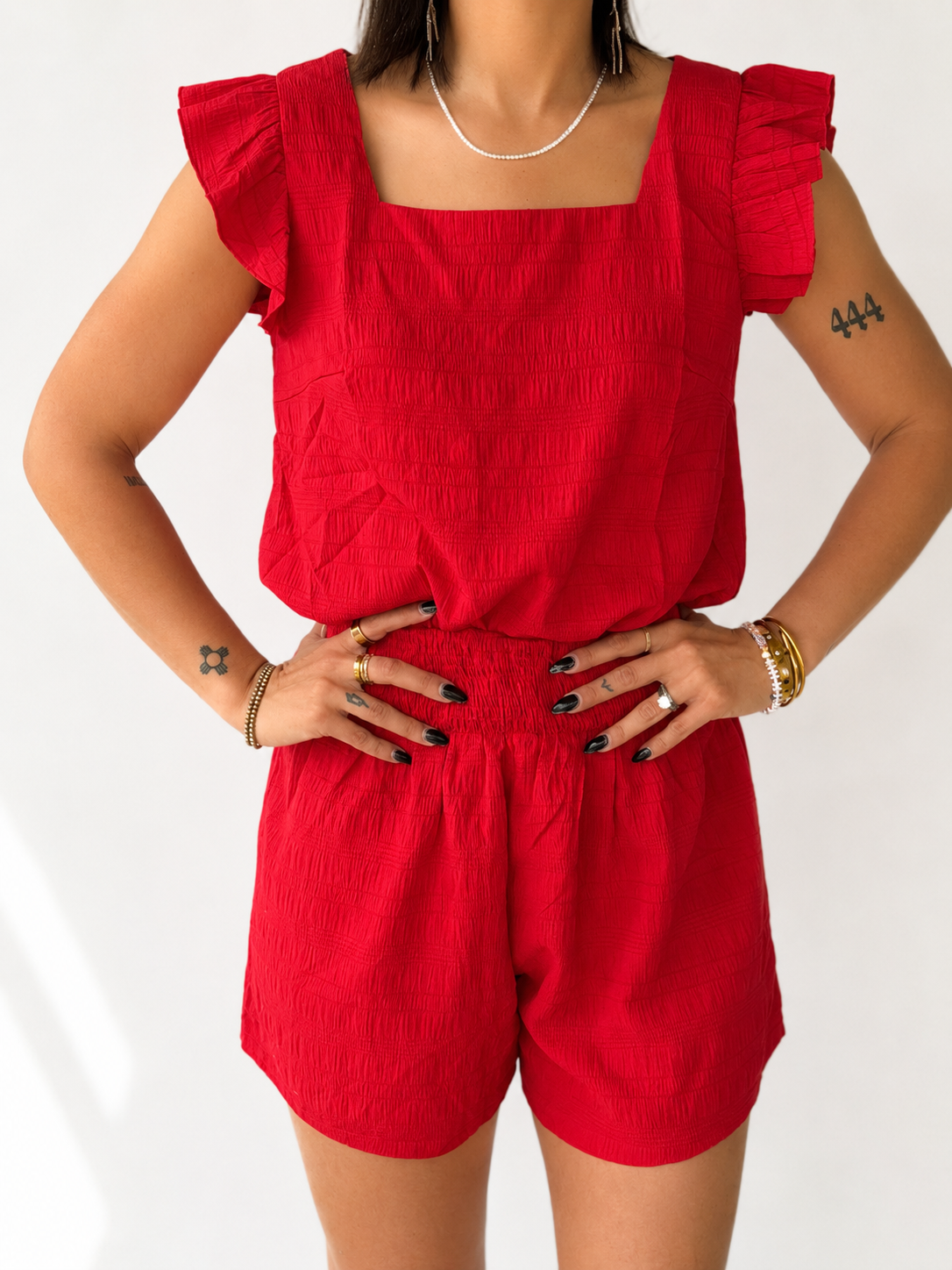 Fiery Red Textured Square Neck Top and Shirred High Waist Shorts Set