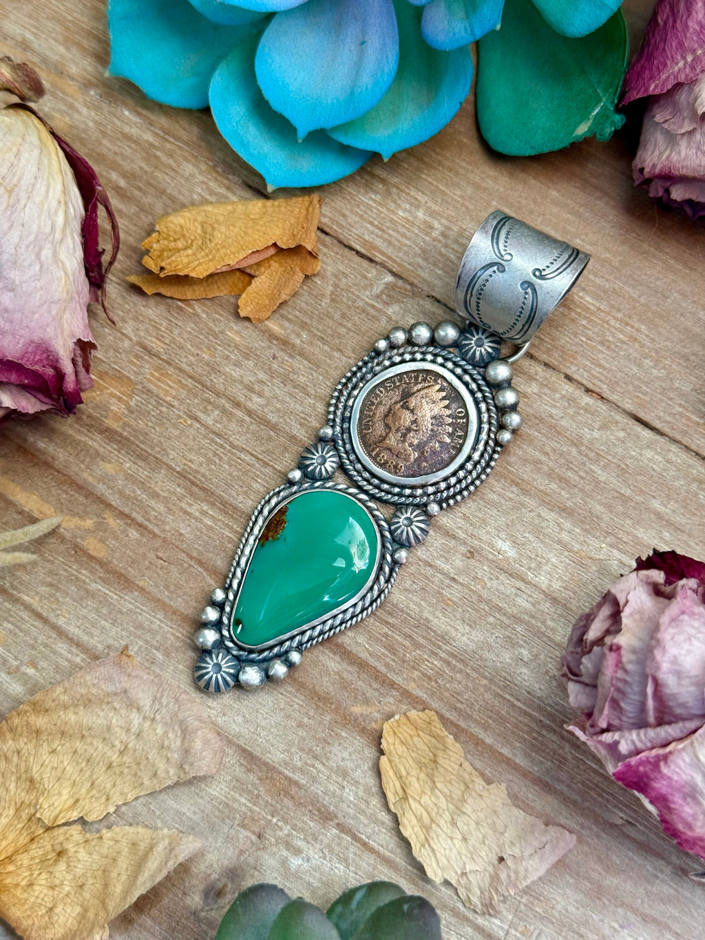 66 - Sterling Silver Royston Turquoise & Indian Head Penny Pendant by Shay Pfeiffer