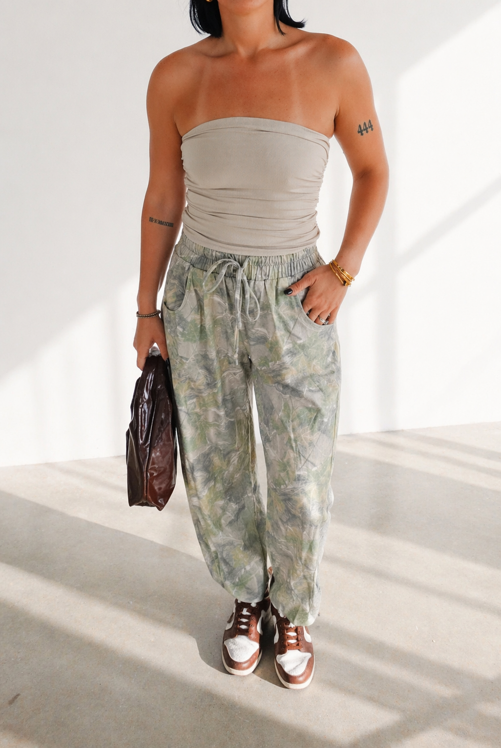 Camo Print Casual Knit Barrel Pants