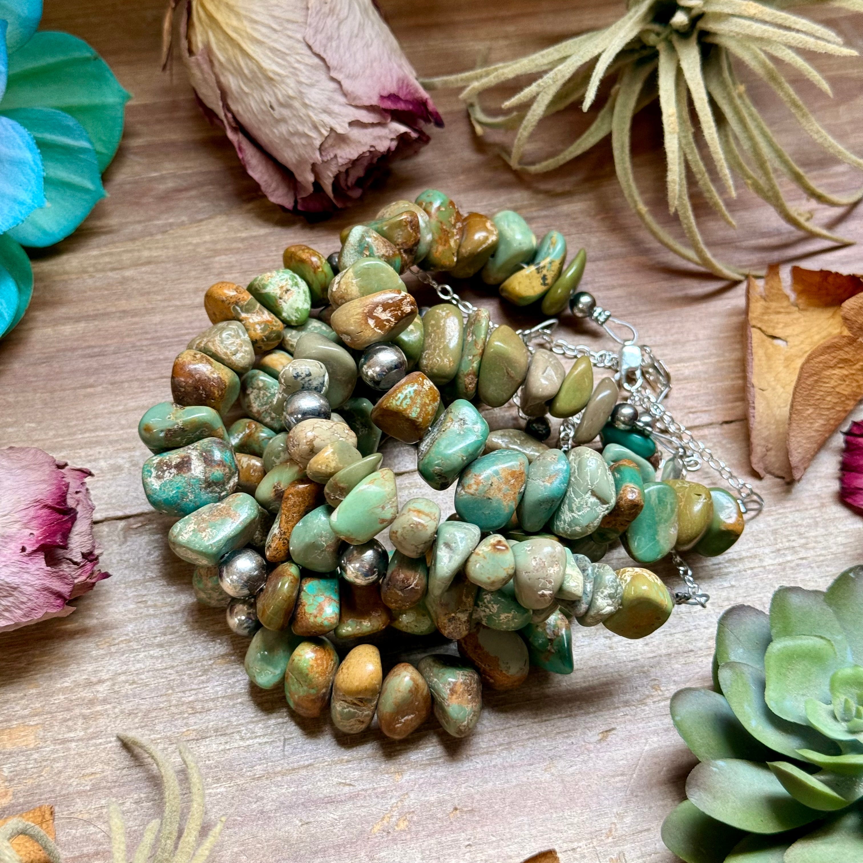 Green Turquoise Nugget Bracelet with Sterling Silver Pearls – 7” + Extender