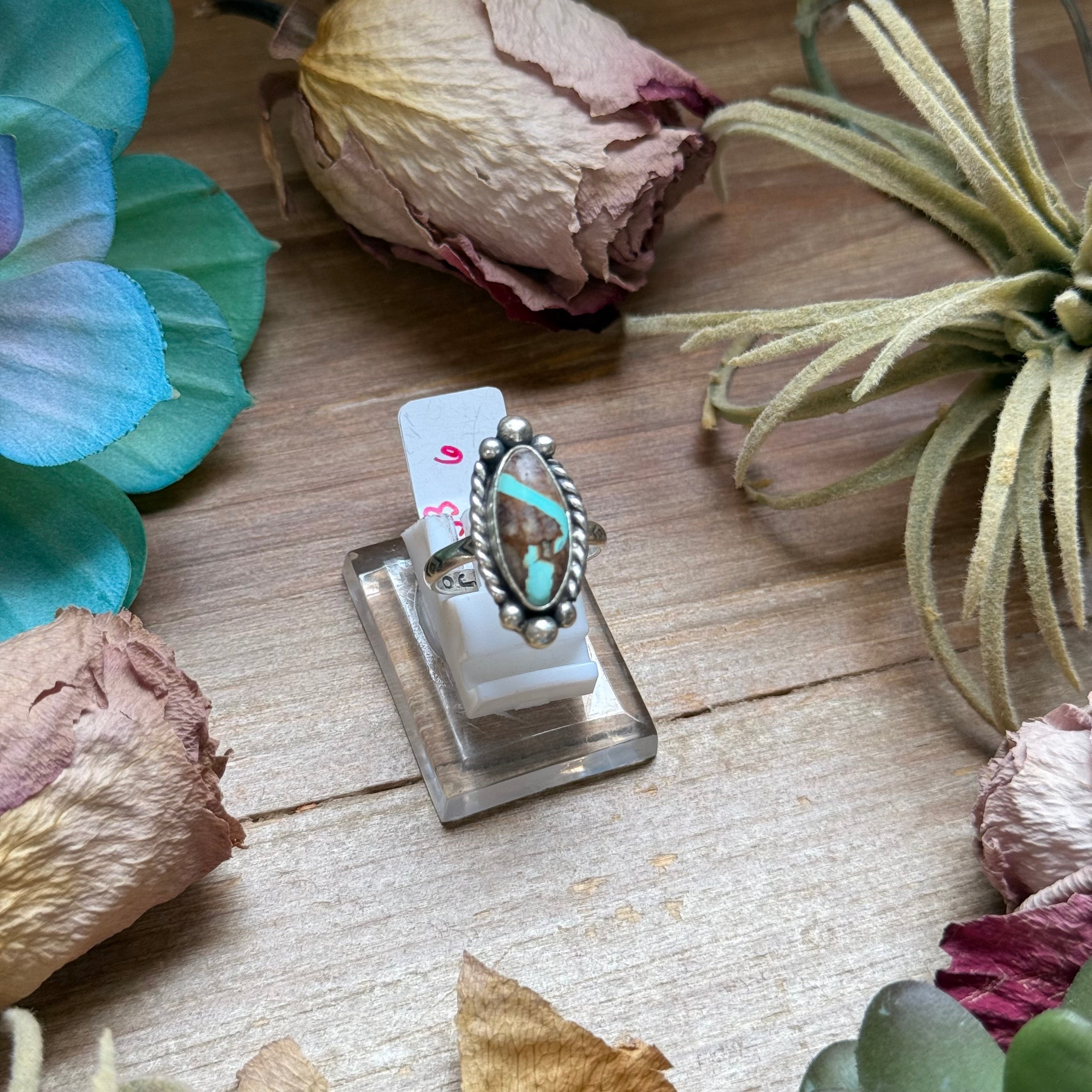 133 - Sterling Silver Ribbon Royston Turquoise Medicine Man Eye Stamped Stacking Ring by Jason Ogg