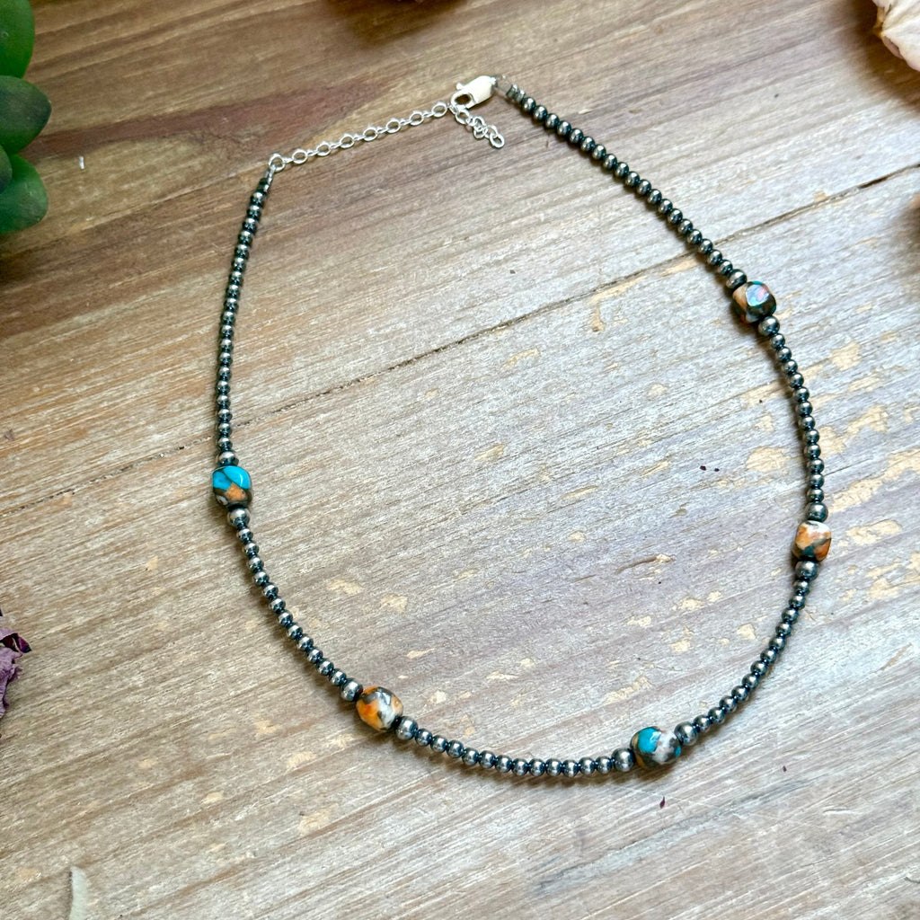 Kids necklace - 13” Turquoise & Spiny Oyster Necklace – 3–4mm Sterling Silver Pearls
