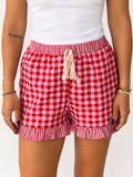 Red Gingham Print Ruffle Striped Detail Lace Tie Shorts
