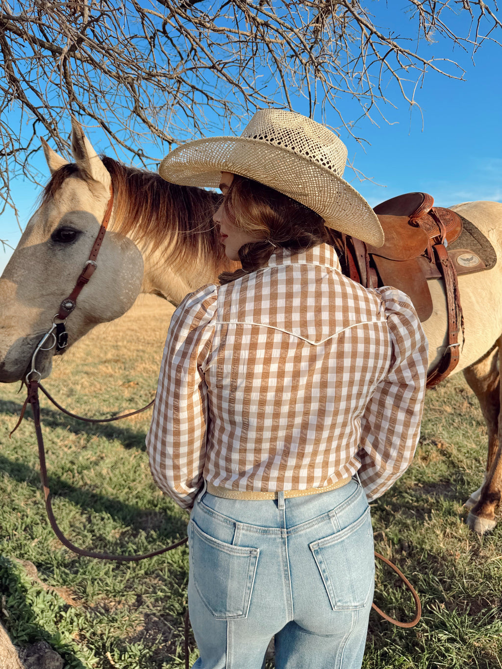 The Tan Gingham Pearl Snap Top- Extra Large