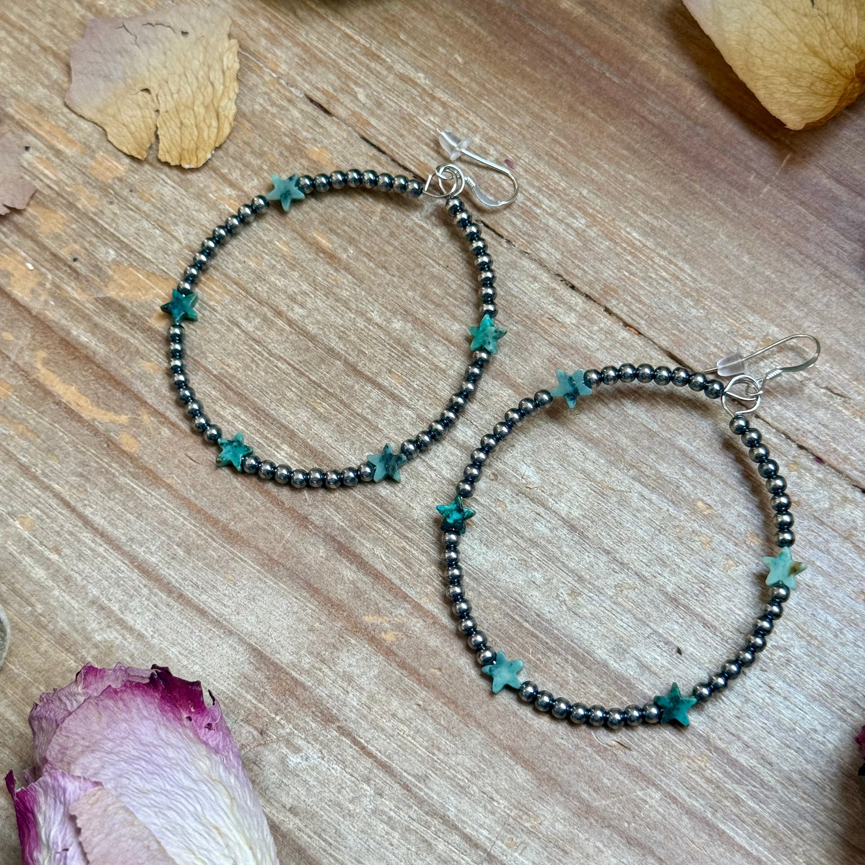 African Turquoise Star Hoop Earrings – 3mm Sterling Silver